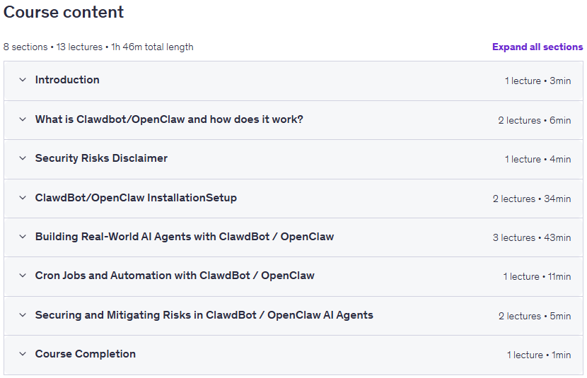 कोर्स के विषय · Clawd Bot (OpenClaw) Crash Course: निर्माण व्यावहारिक AI एजेंट 2026-2
