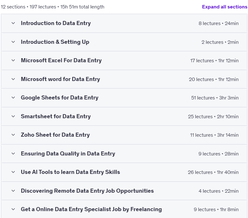 Course topics · Udemy — Data Entry Skills: A Complete Data Entry Course from Scratch 2024-8