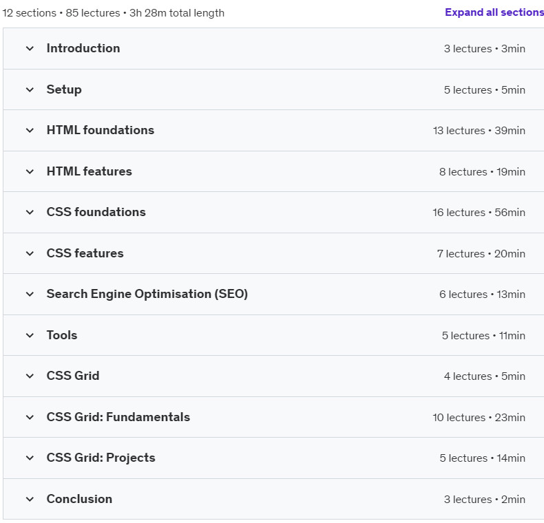 Course topics · Udemy — Front-End Web Development: Learn HTML5 & CSS3 2024-1