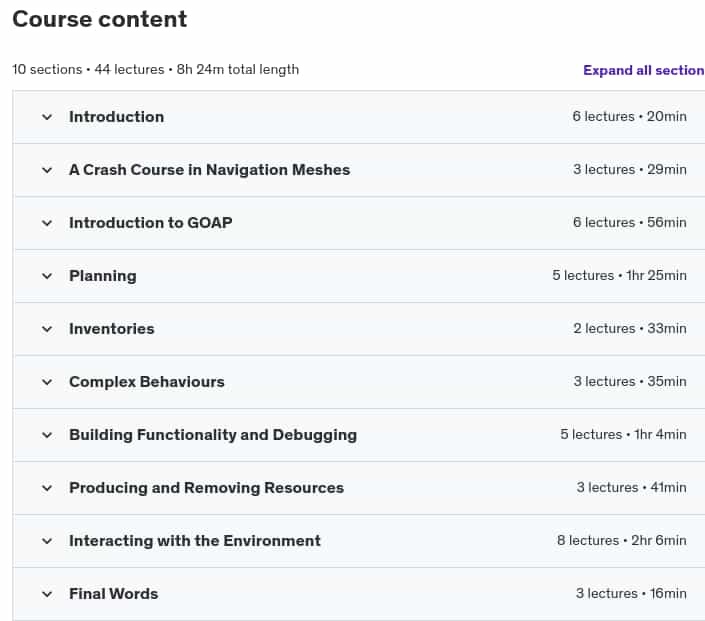 Course topics · Udemy — Advanced AI For Games with Goal-Oriented Action Planning 2023-3