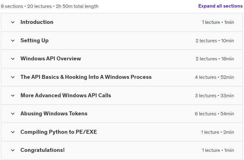 Course topics · Hacking the Windows API with Python – Real Ethical Hacking 2020-5