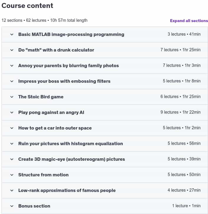 Course topics · Udemy — Learn image processing and GUIs while having fun in MATLAB 2025-1
