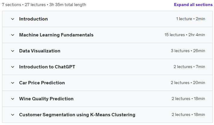 Course topics · Udemy — ChatGPT for Data Science and Machine Learning [2024 Updated] 2023-3