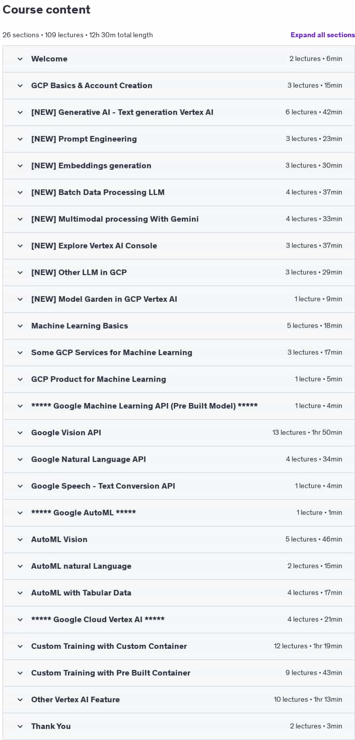 Course topics · Udemy — Vertex AI | Gemini | Generative AI – GCP Machine learning 2025-2