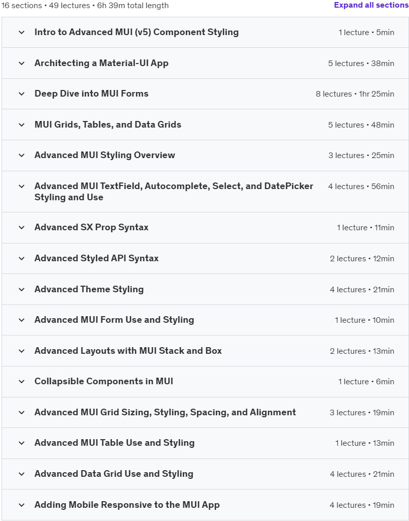 Course topics · Advanced Material-UI Component Styling: The Complete Course 2022-9