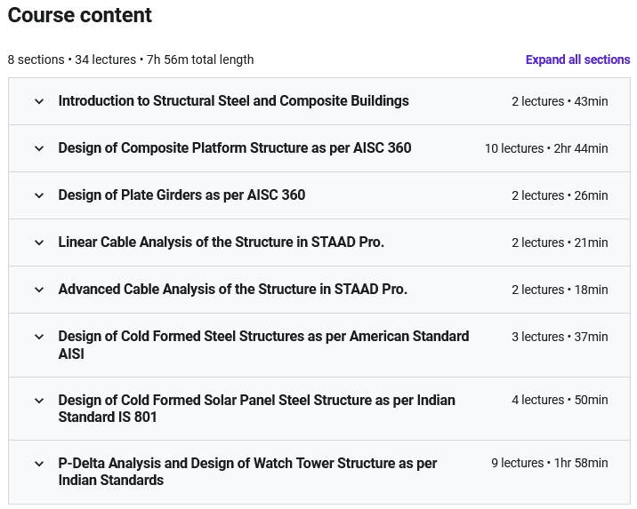 Course topics · Udemy — STAAD Pro Certification Course (Composite & Cold Formed) 2019-9