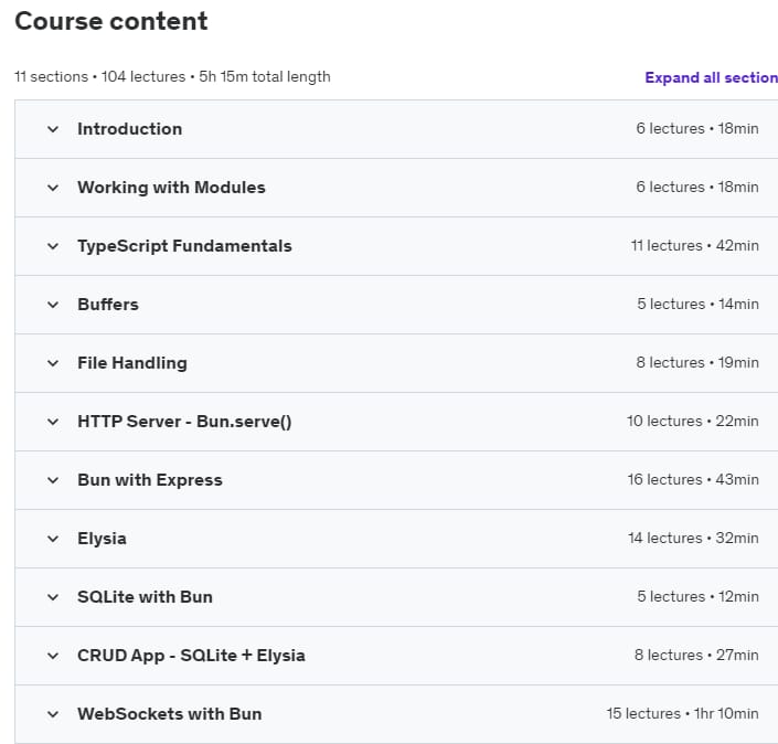 Course topics · Udemy — Mastering Bun – The Modern Fullstack Development 2024-3