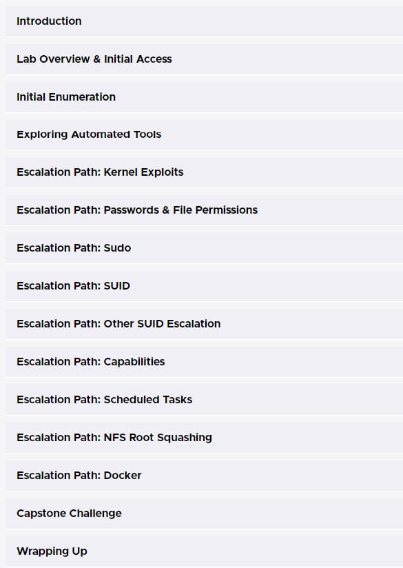 Course topics · TCM Security — Linux Privilege Escalation for Beginners 2024-8