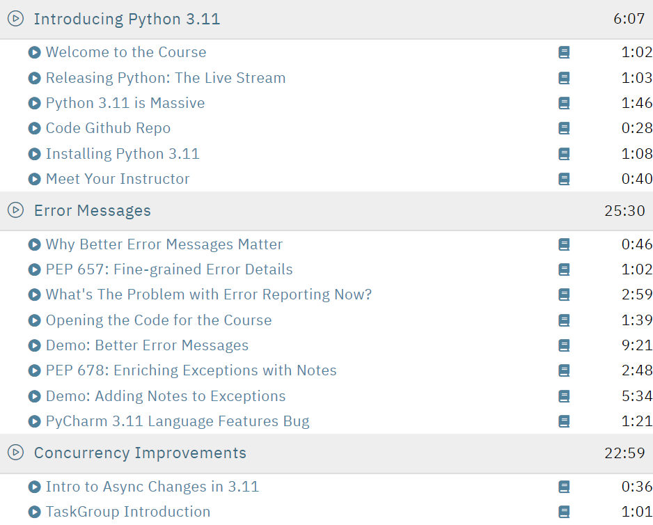 Course topics · Talkpython — Talk Python – Python 3.11: A Guided Tour Through Code Course 2022-12