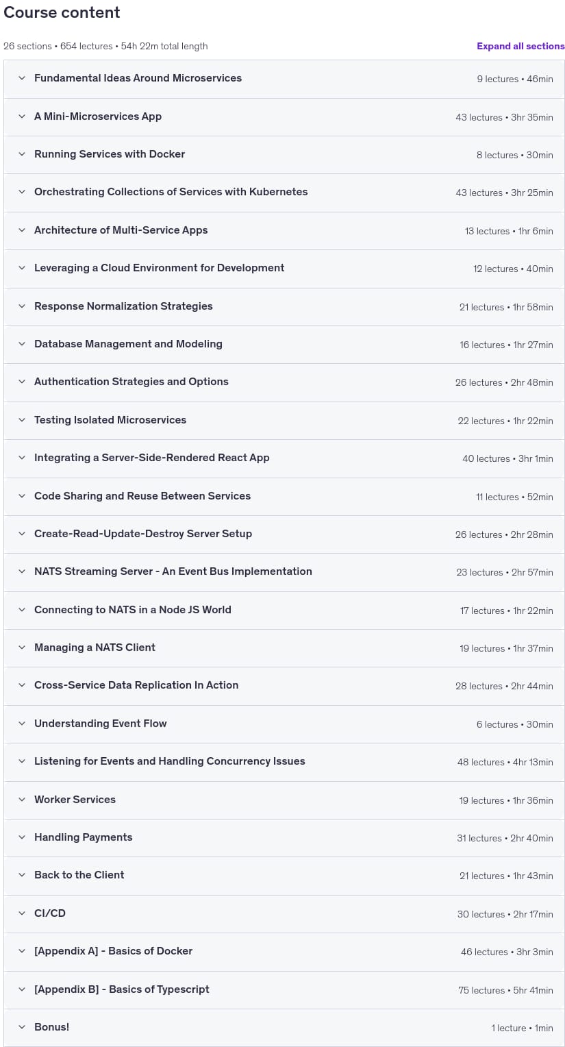 Course topics · Microservices with Node JS and React 2026-2
