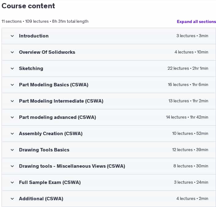 Course topics · Udemy — Become A Certified SOLIDWORKS Associate (CSWA) Course 2021-9