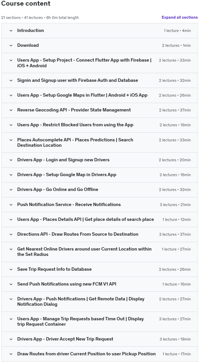 Course topics · Build UBER Clone App with Stripe Payment, Push Notifications 2024-9