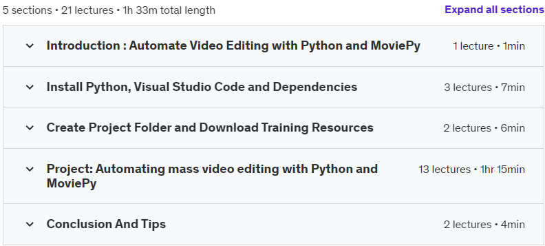 Course topics · Automate Video Editing with Python and MoviePy 2024-7