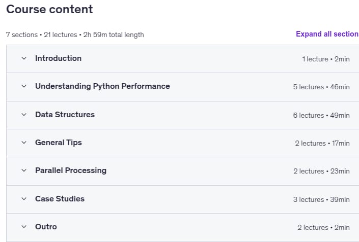 Course topics · Python Code Optimization: Pro Techniques to Boost Code Speed 2025-5