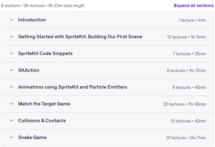 Course topics · Udemy — SpriteKit Essentials for iOS Game Development 2025-8