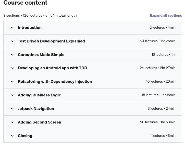 Course topics · Udemy — Android TDD Masterclass – Coroutines, Jetpack 2021-11
