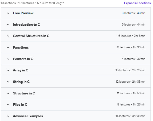 Course topics · Udemy — Learn C Programming with 100+ Practical Examples 2023-11