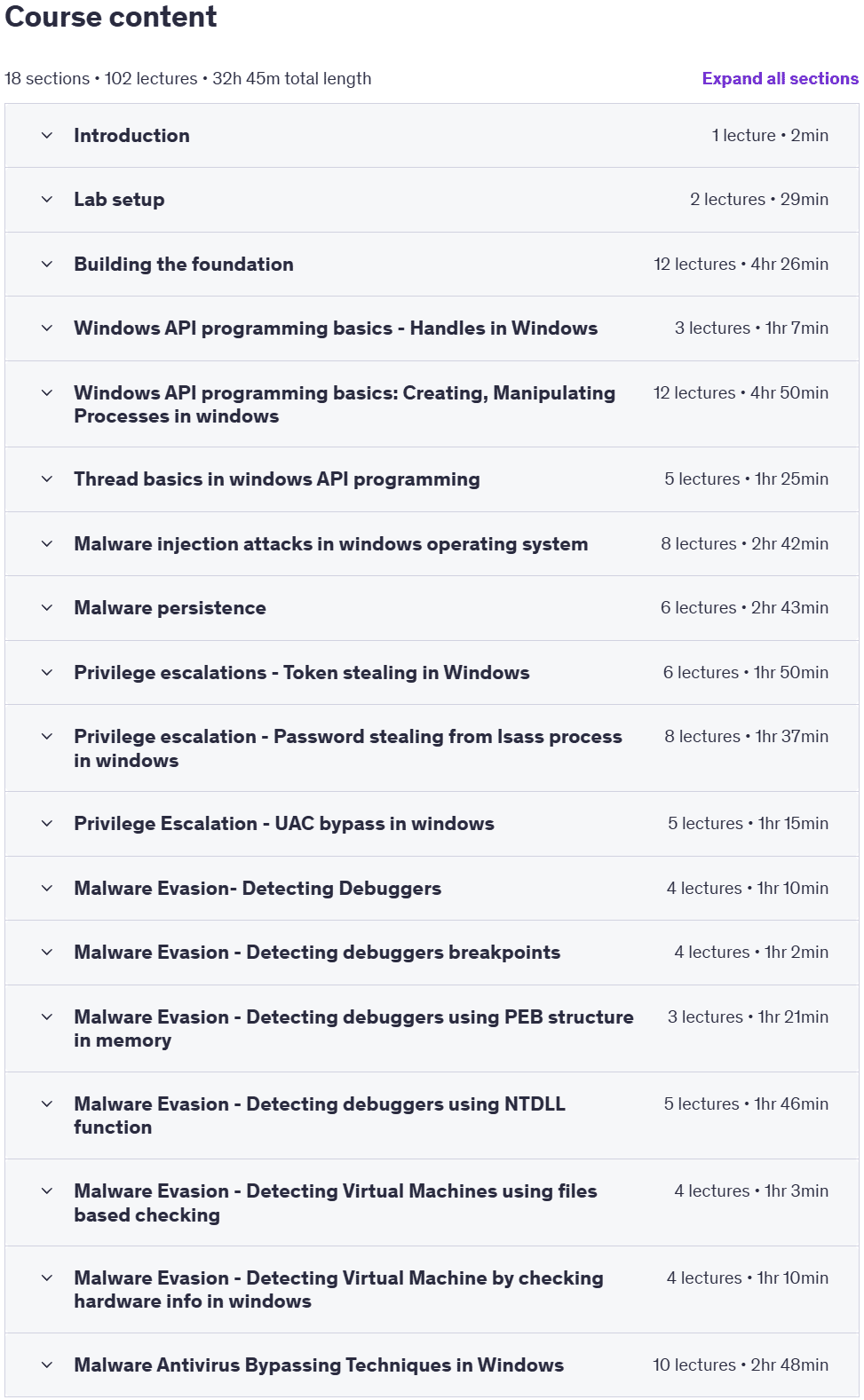 Course topics · Udemy — Malware Development for Ethical Hackers & Pentesters 2025-8