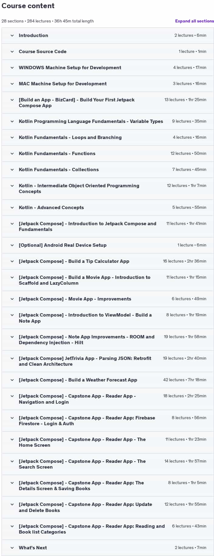 Course topics · Udemy — Android Jetpack Compose: The Comprehensive Bootcamp 2024-11