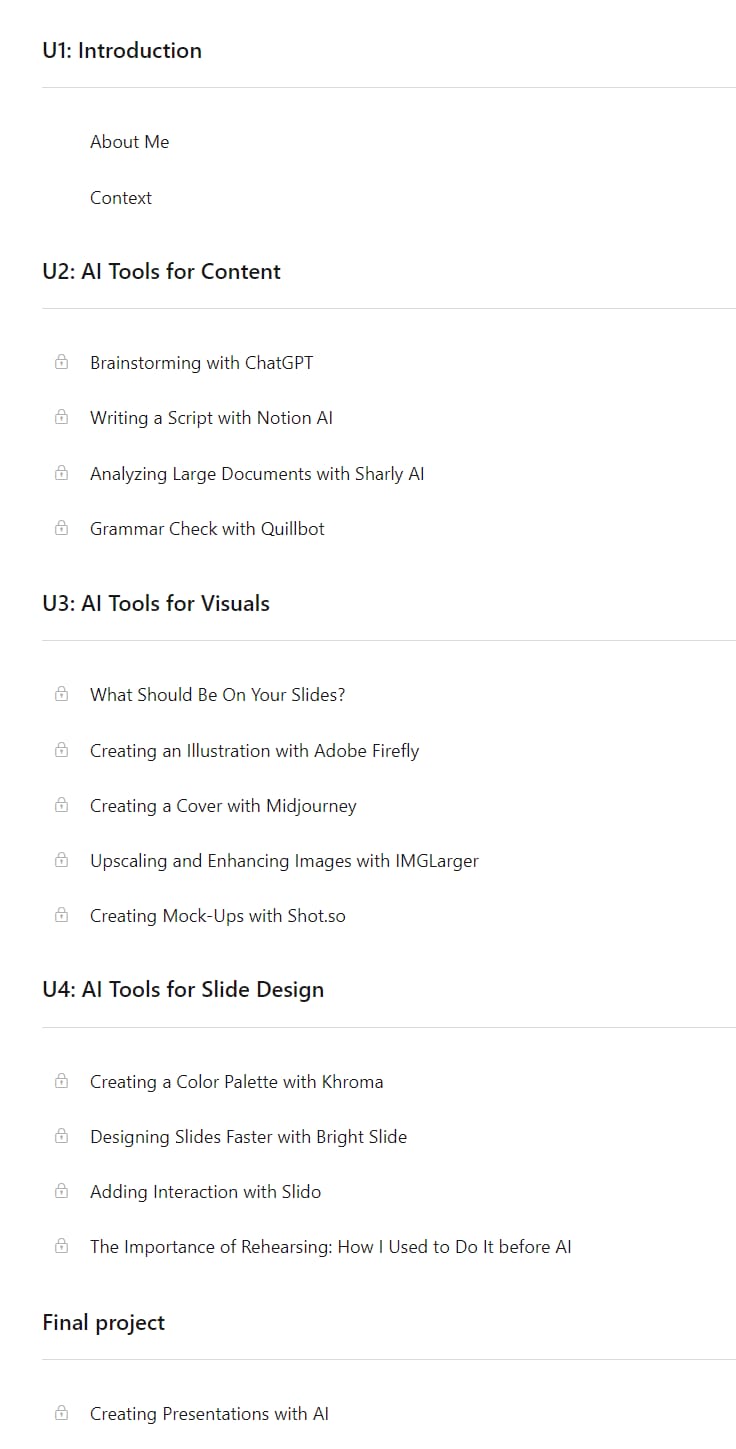 Course topics · Creating Presentations with AI 2023-10