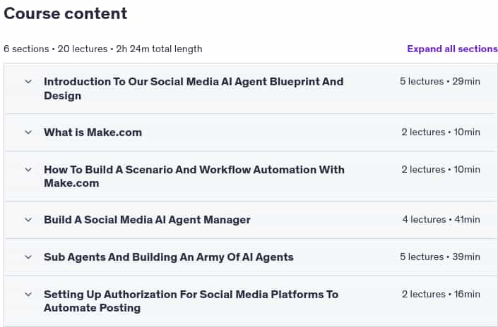 Course topics · How To Build Social Media AI Agents – Step by Step – No Code 2025-2