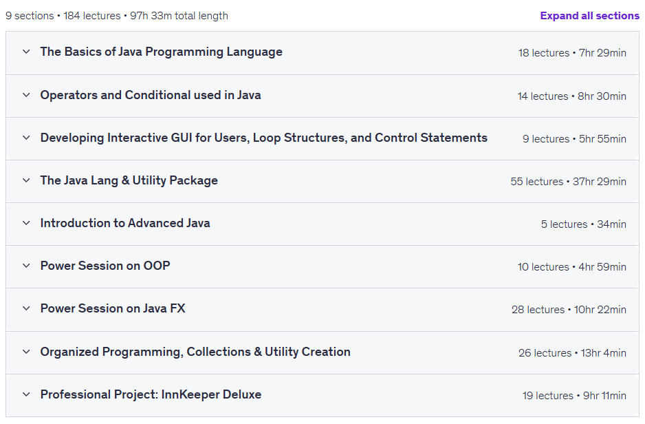 Course topics · Complete Java Megacourse: Beginner to Expert 2025-2