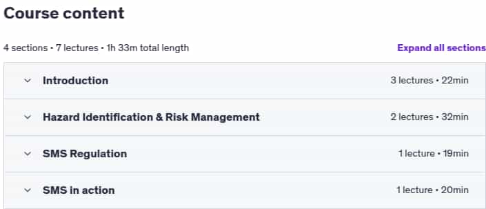 Course topics · Udemy — Safety Management System for Civil Aviation (SMS) 2024-9