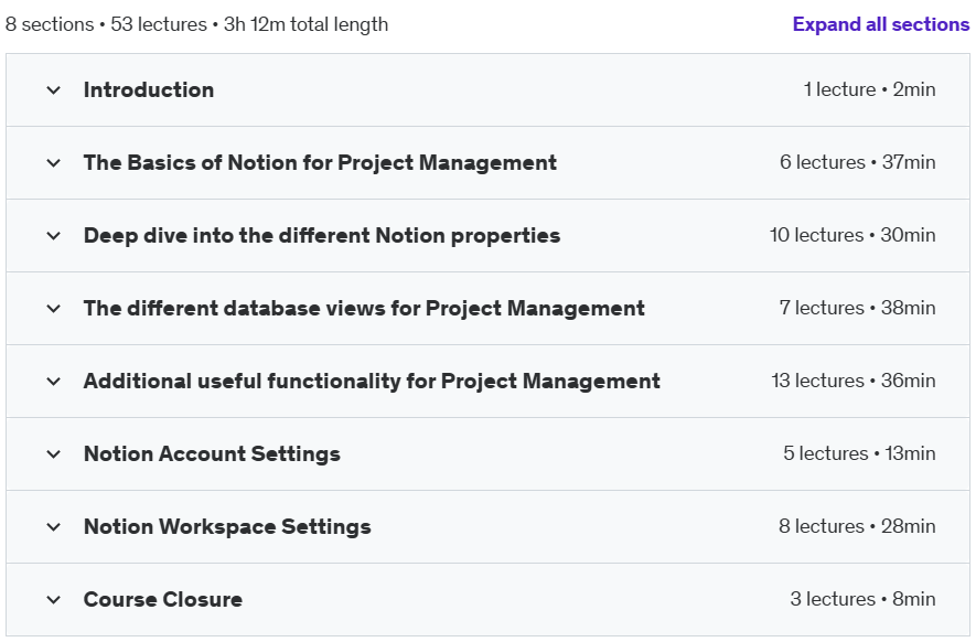 Course topics · Udemy — Notion for Project Management – The Ultimate Course 2024-7