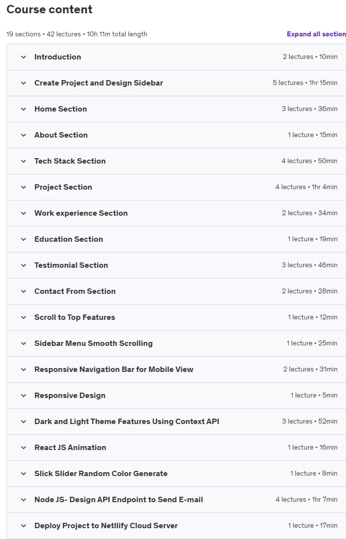 Course topics · React Responsive Portfolio Website – Complete React Project 2022-7