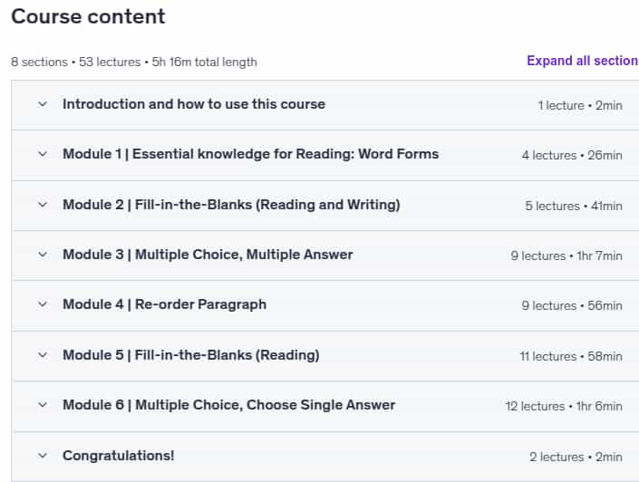 Course topics · PTE Academic Exam Preparation: Reading Mastery (Score 79+) 2024-5