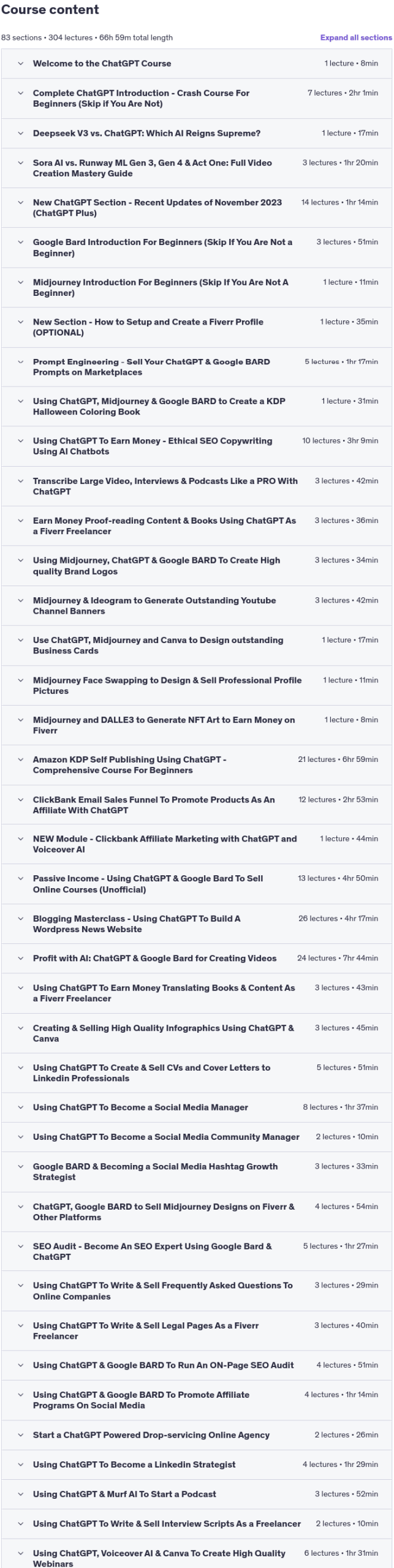 Course topics · Udemy — 59+ ChatGPT HACKS To Make Money Online 2025-7