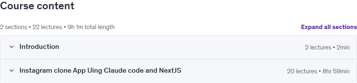 Course topics · Udemy — Claude Code & Next.js: Build a Full-Stack Instagram Clone 2026-3