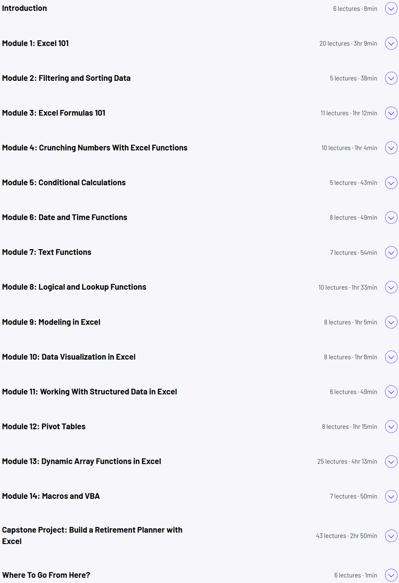 Course topics · ZeroToMastery — The Excel Bootcamp: Zero to Mastery 2026-7