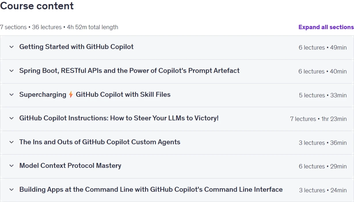 Course topics · Udemy — GitHub Copilot Masterclass for Java Spring AI and IntelliJ 2026-4