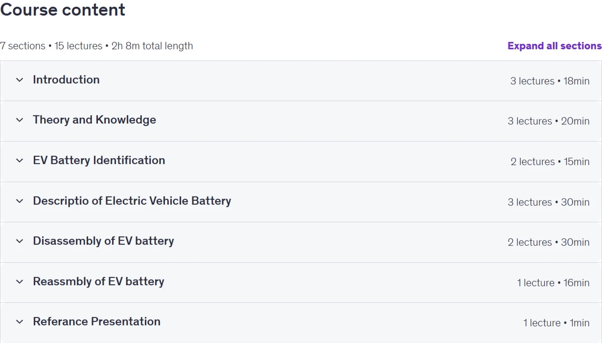 Course topics · Udemy — Electric Vehicle Battery for Beginners. 2026-4