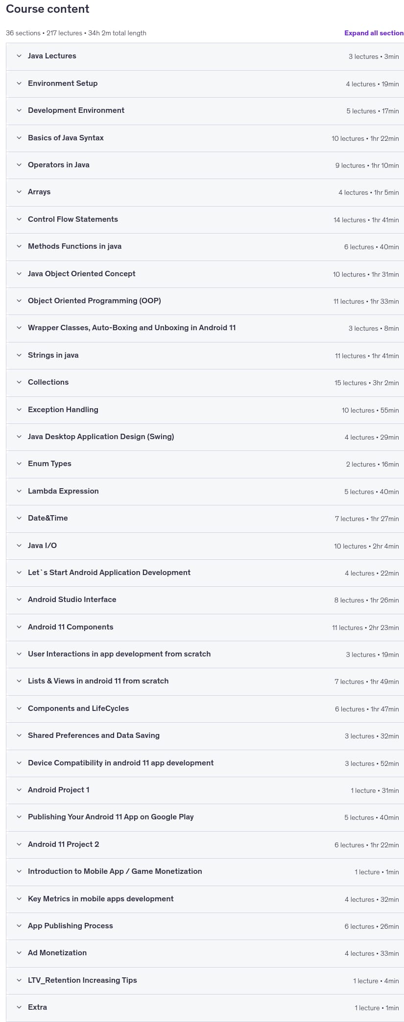 Course topics · Udemy — Full Stack Android Development and Mobile App Marketing 2026-8