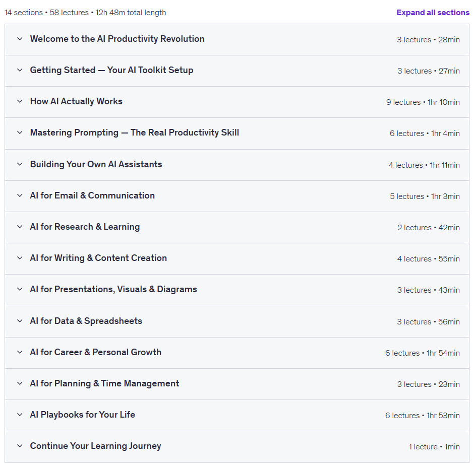 Course topics · Udemy — AI for Productivity: ChatGPT, Gemini, Claude & Prompting 2026-8