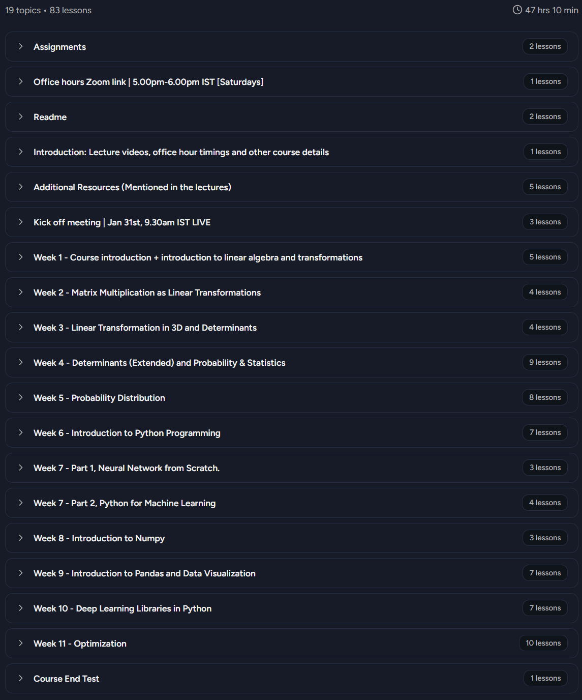 Course topics · Vizuara AI – Mathematical Foundations for Machine Learning 2026-8